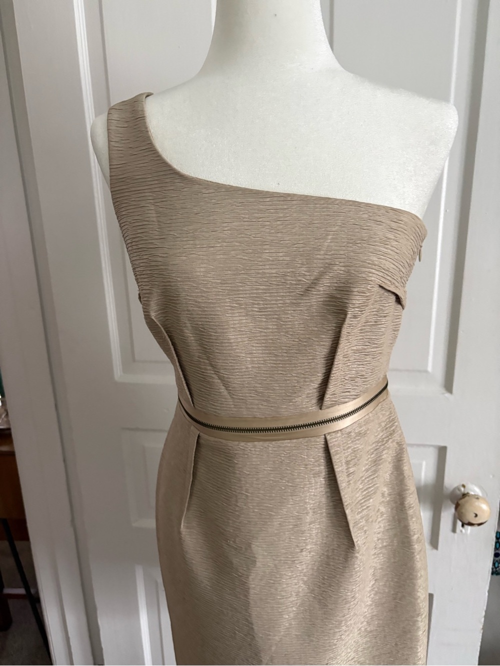 One-Shoulder Textured Cocktail Dress in Light Taupe